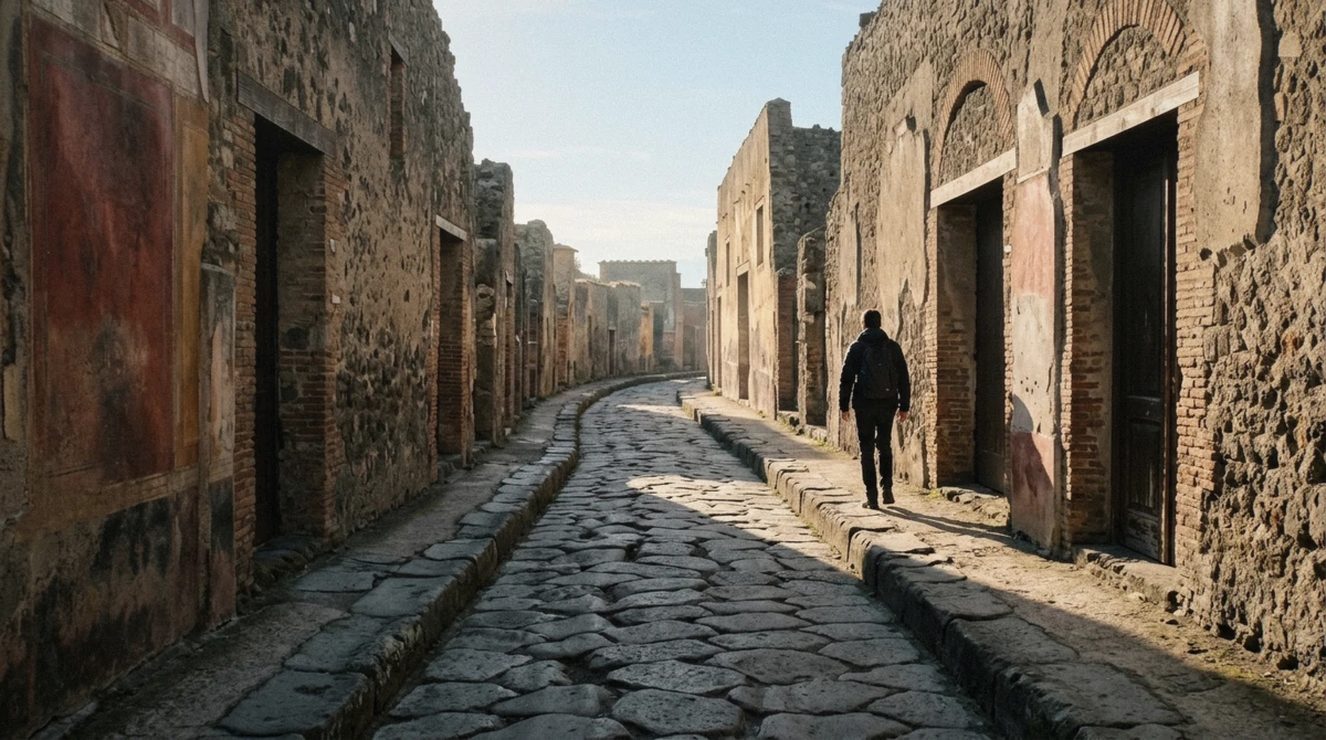 Long shadows across the ancient flagstones of Via dell'Abbondanza in Pompeii at early morning with warm autumn light