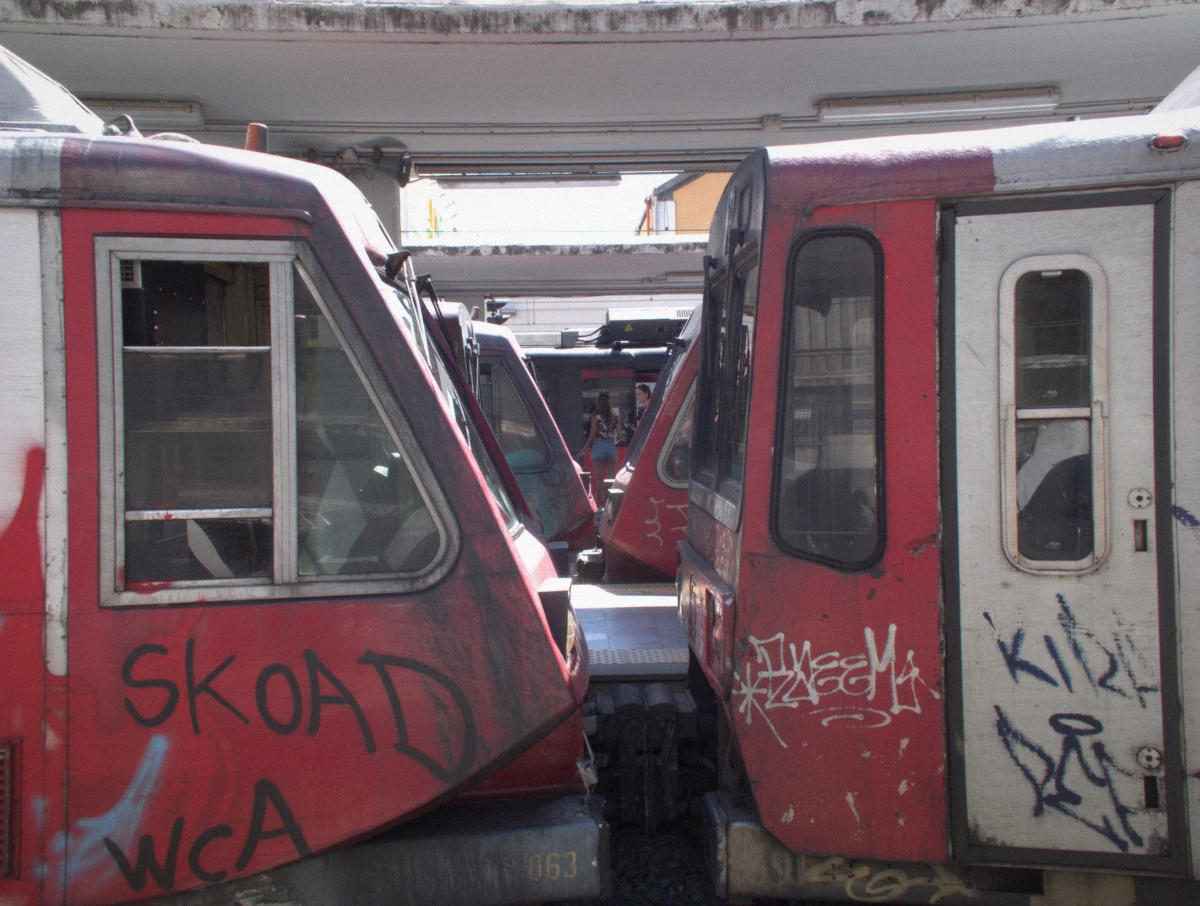 A Circumvesuviana train of the line that carries travellers from Naples toward the Pompeii Scavi station