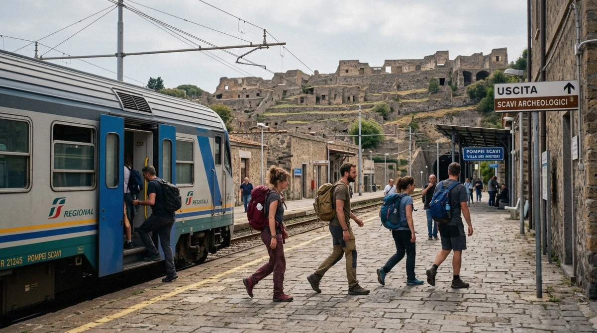 Circumvesuviana commuter train at the Pompei Scavi station platform with travellers walking toward the Pompeii excavations
