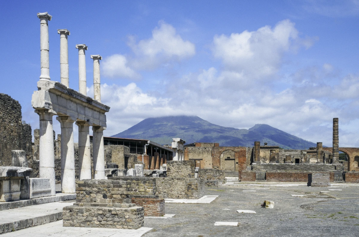 The Forum of Pompeii with Vesuvius behind - the view every private Pompeii tour builds toward