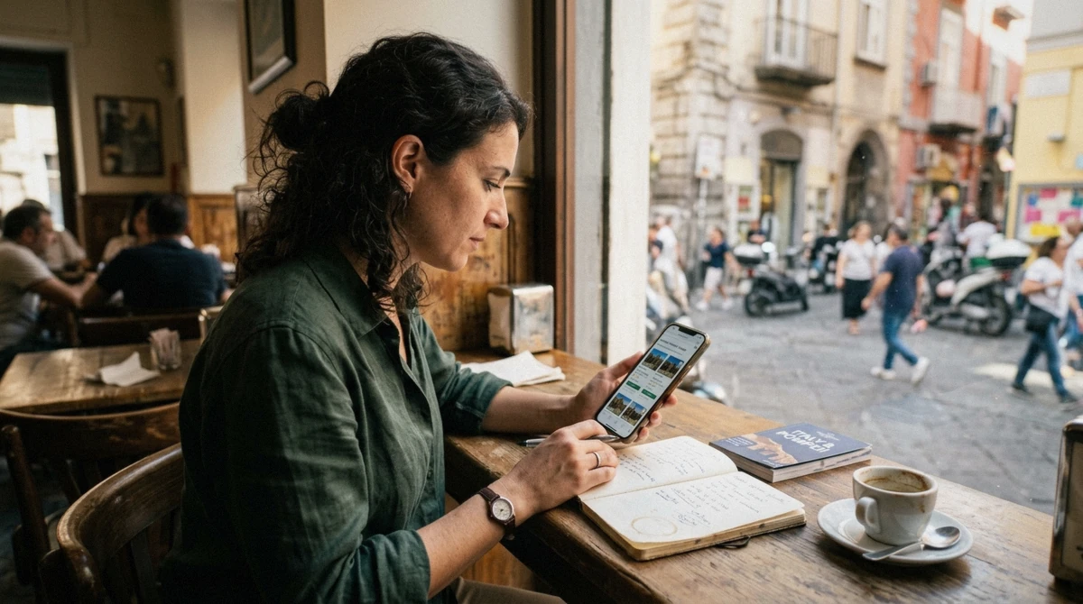 Traveller comparing private Pompeii tour prices on a phone at a cafe table in Naples before a day at the excavations