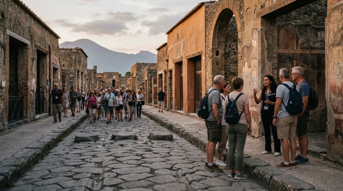A small private group listening to a guide beside ancient columns at Pompeii while a larger tour group passes in the background