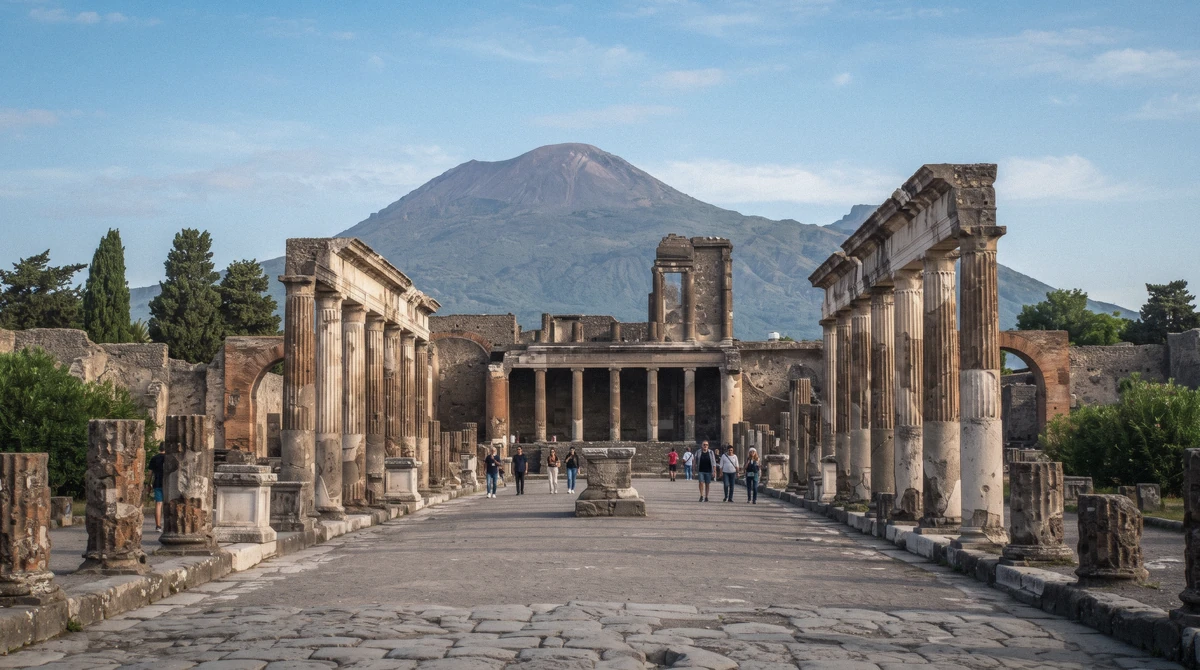 The columns of the Forum at Pompeii with Mount Vesuvius rising behind them in morning light