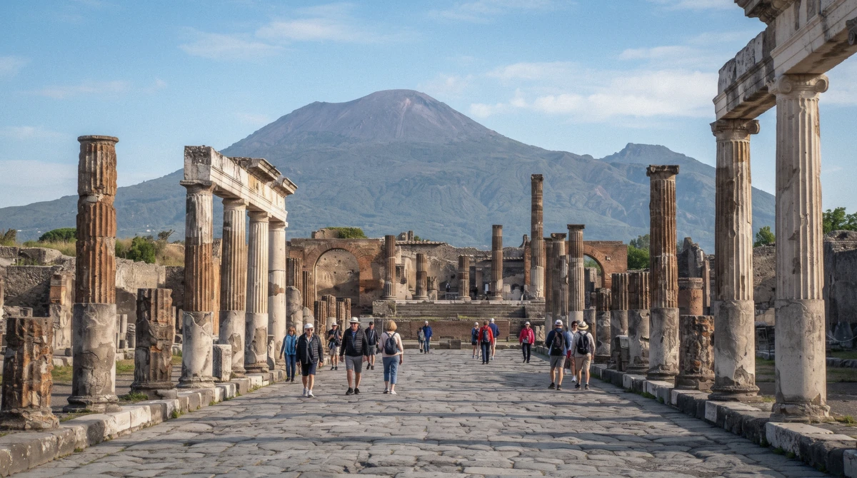 The Forum columns at Pompeii with Mount Vesuvius behind - the classic stop on every private Pompeii tour