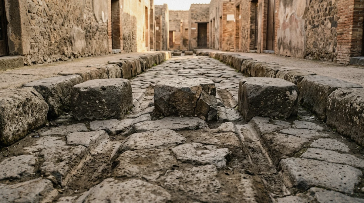 Stepping stones and cart ruts on an ancient street in Pompeii seen on a private guided tour