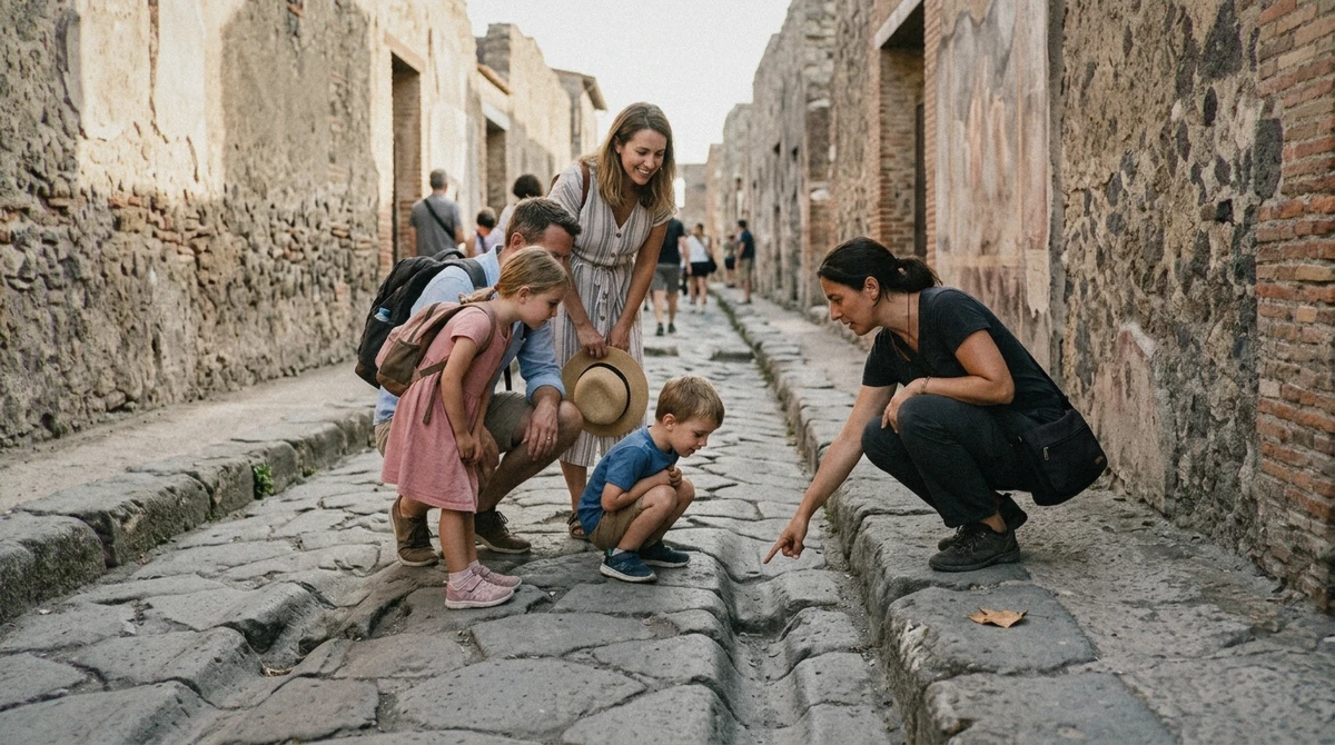Family with two children following their guide between ancient walls on a private family tour of Pompeii