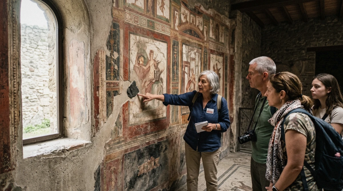 Certified archaeologist explaining fresco details to a private group deep inside a Pompeii house on the three-hour tour