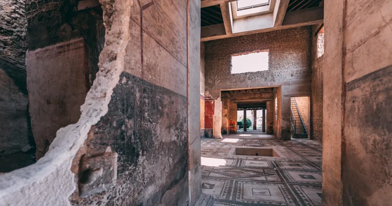 Certified archaeologist explaining frescoes to a private group on the deep-route Pompeii tour past the House of the Faun