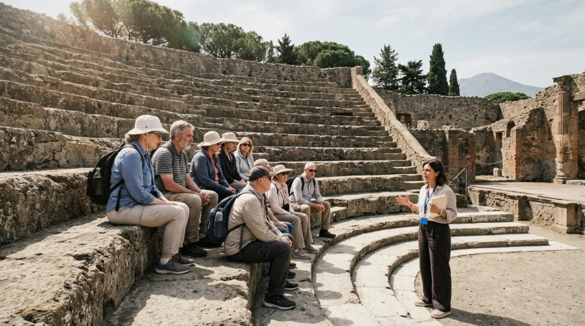 Private group seated in the Large Theatre of Pompeii testing the acoustics during a three-hour private tour