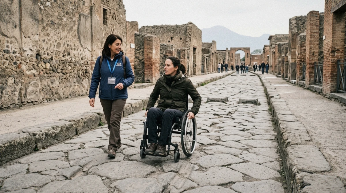 Guide accompanying a traveller on the wide flat stones of Via dell'Abbondanza on an accessible private Pompeii tour